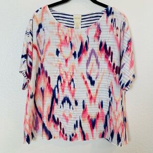Chico’s Reversible Short Sleeve Top Medium PETITE Blue Pink Print Ikat Stripe